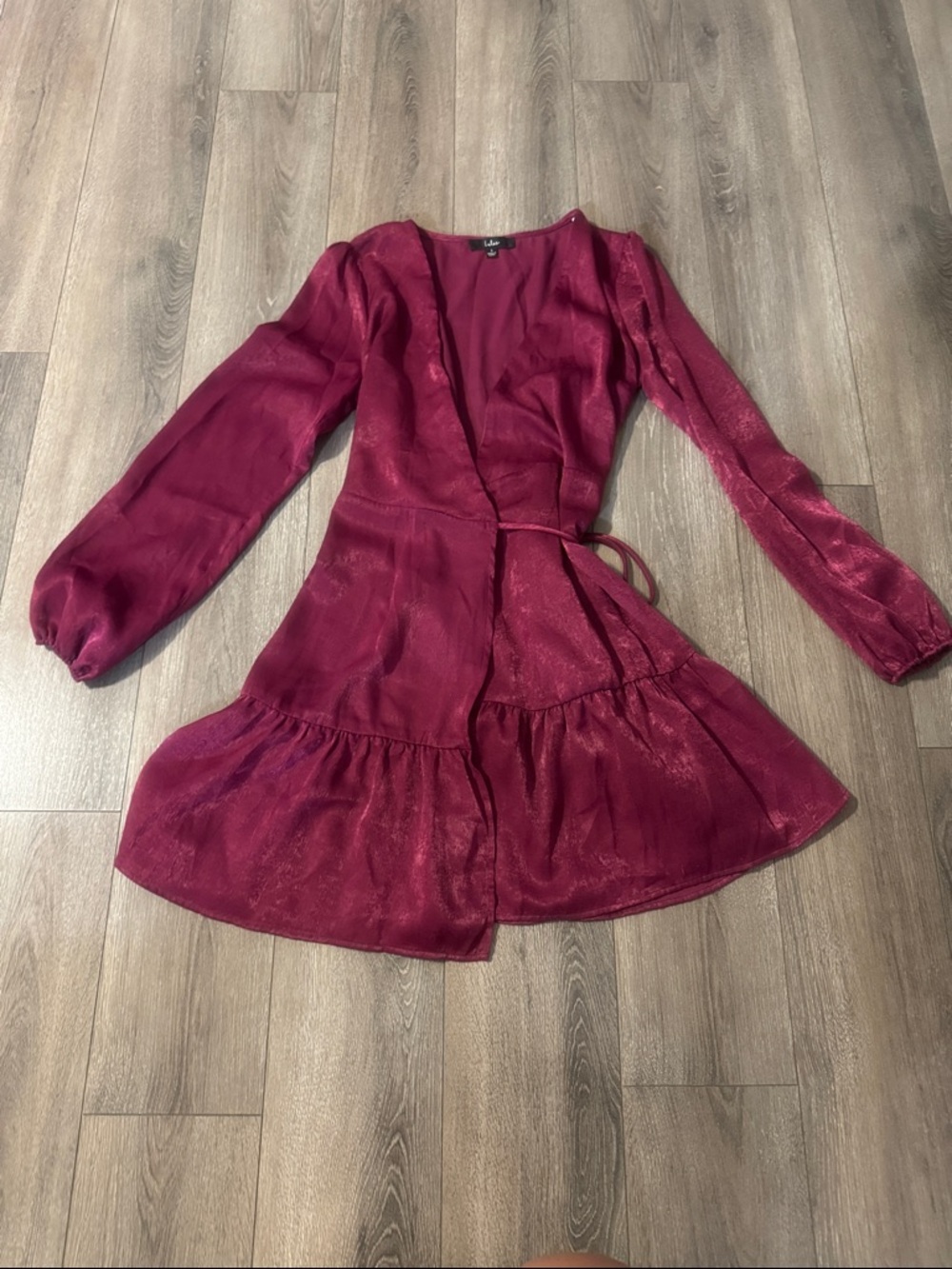 Lulu's Berry Red Wrap Long Sleeve Ruffle Dress